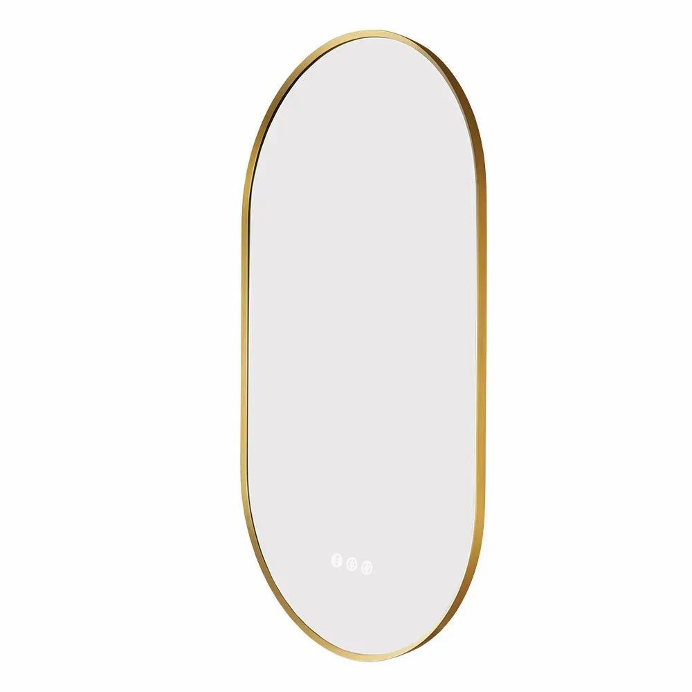 900x500MM BRUSHED BRASS FRAME OVAL BACKLIT LED MIRROR WITH MOTION SENSOR | DEFOGGER | 3 COLOURS LIGHTS