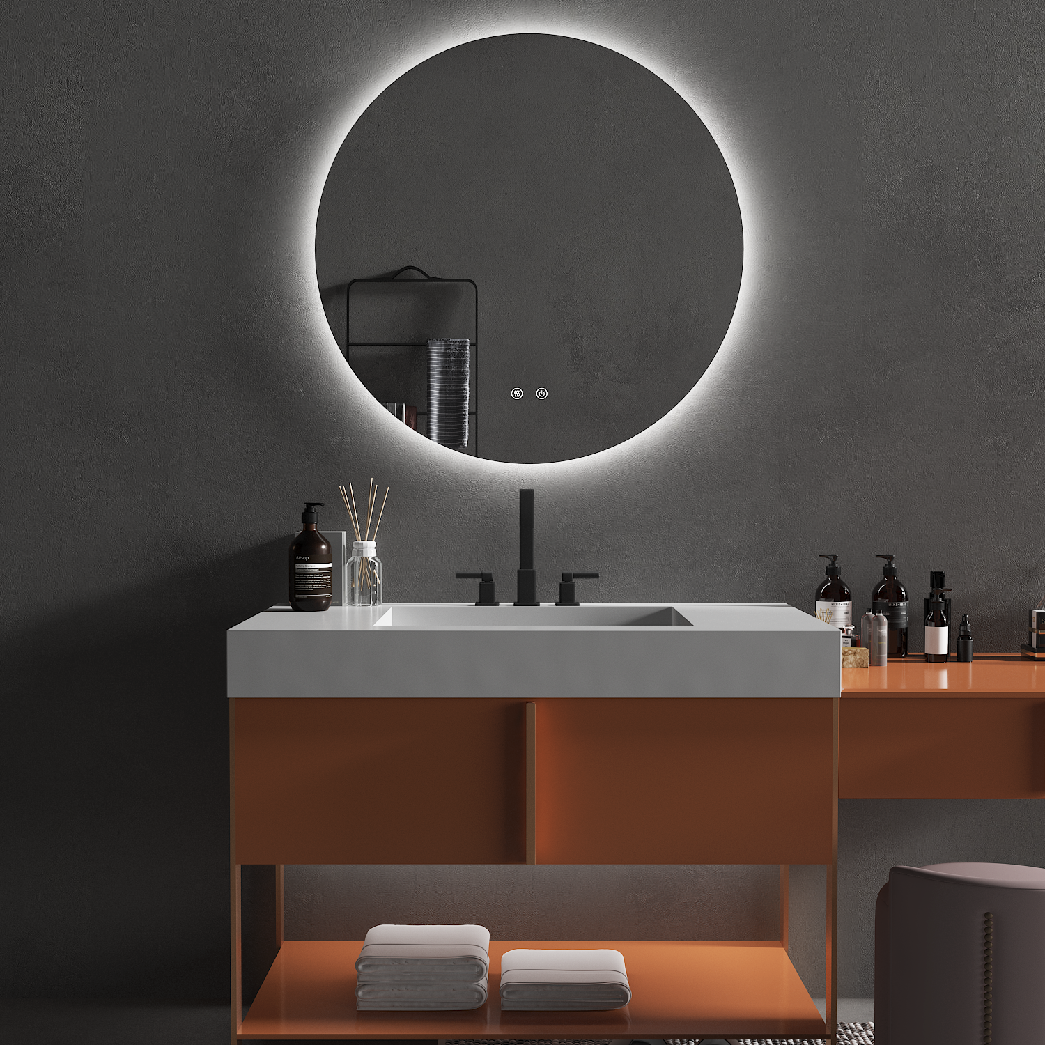 OCEANO 600/750/900mm Round LED Mirror with Demister Backlit Touch Switch 3 Colours Lighting Frameless