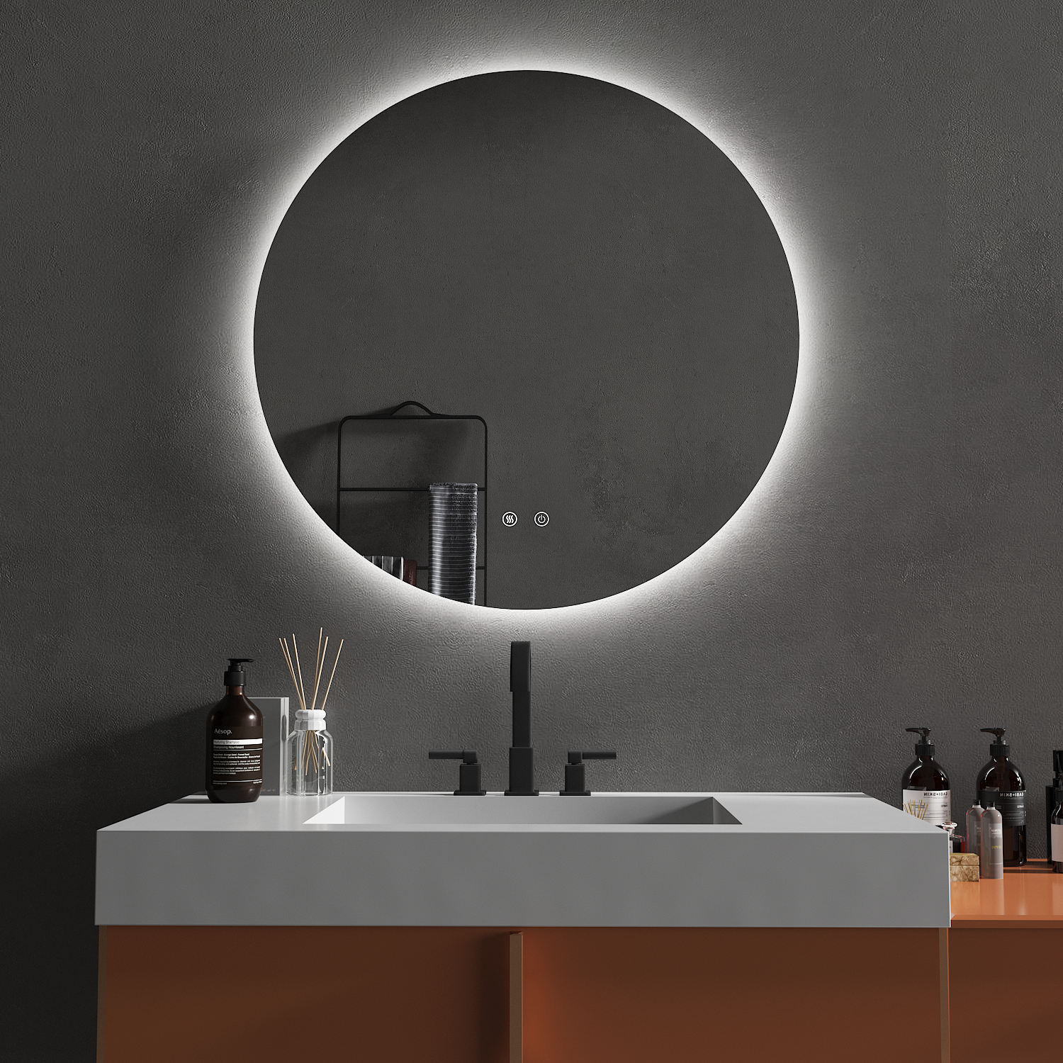 OCEANO 600/750/900mm Round LED Mirror with Demister Backlit Touch Switch 3 Colours Lighting Frameless
