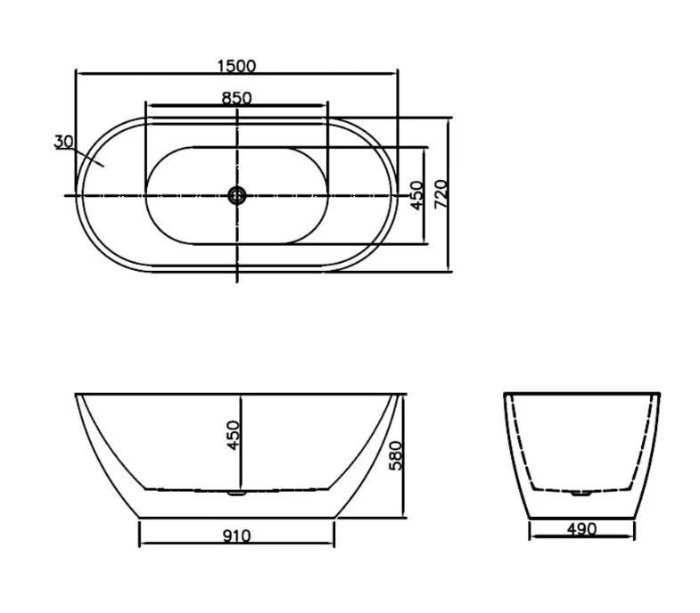 Elementi MARZO FREESTANDING BATH 1500 X 720 X 580MM WHITE