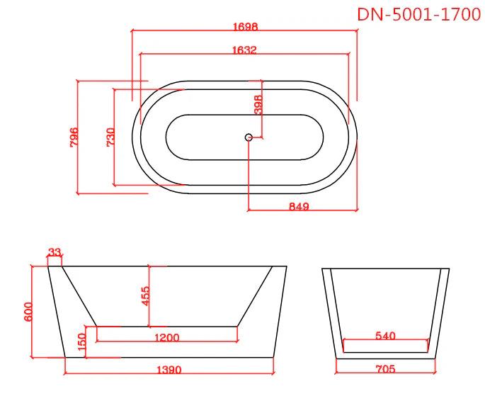 Oval Bathtub WITHOUT OVERFLOW Freestanding Acrylic White