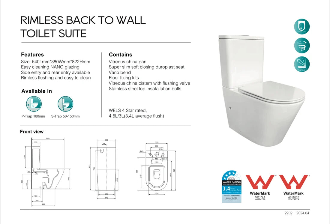 DN-LINFA Nano Glazing Ceramic White Toilet Suite-Back to wall Rimless Two Piece Toilets
