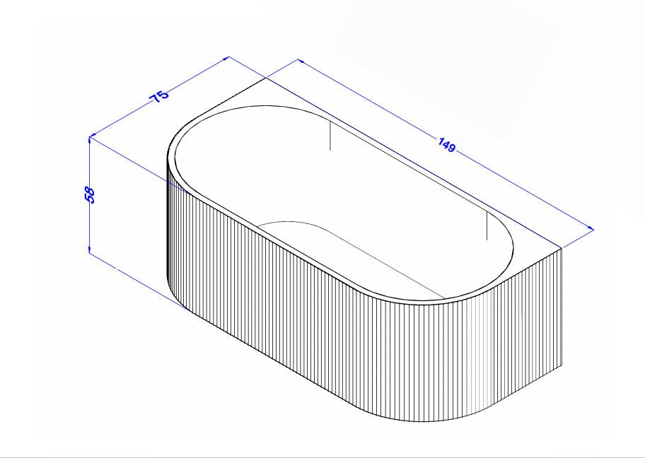 1490x750x580mm Flutted V-Groove Bathtub Back To Wall Acrylic Gloss White Bath Tub