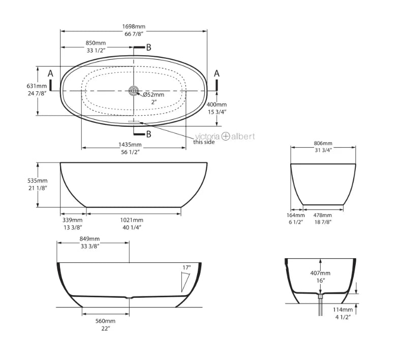 Victoria + Albert BARCELONA II FREESTANDING BATH W/VOID 1698 X 806 X 535