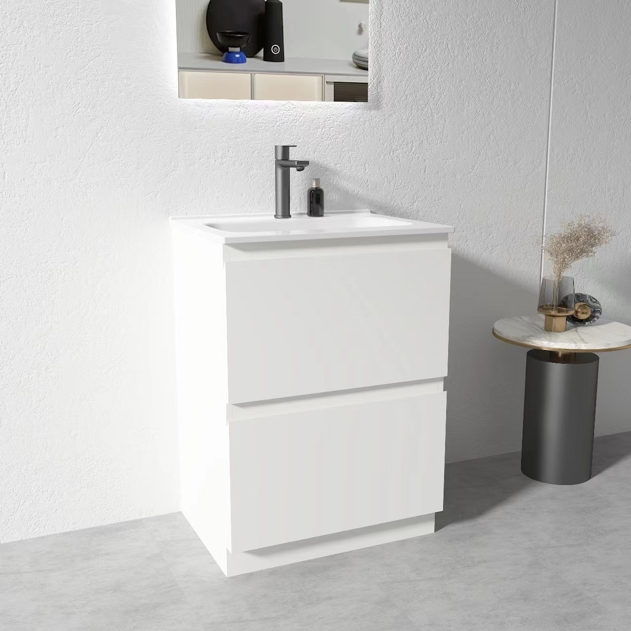 600mm Plywood Gloss White Floor Standing Vanity Unit With Ceramic Basin