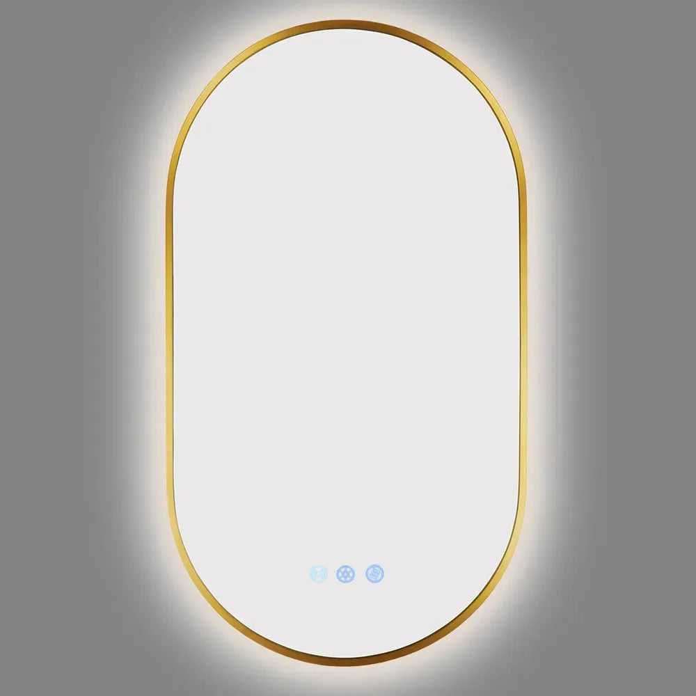 900x500MM BRUSHED BRASS FRAME OVAL BACKLIT LED MIRROR WITH MOTION SENSOR | DEFOGGER | 3 COLOURS LIGHTS