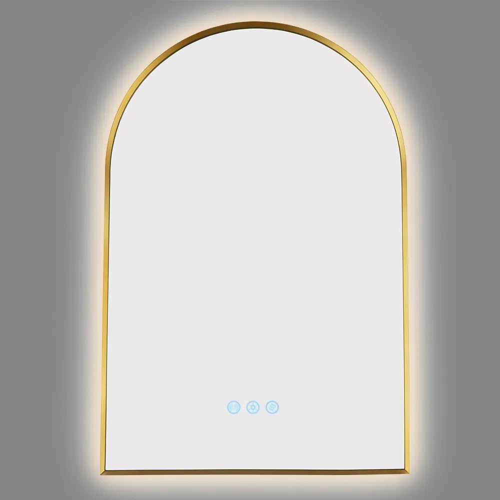 600x900MM BRUSHED GOLD METAL FRAME ARCHED BACKLIT LED MIRROR WITH MOTION SENSOR | DEFOGGER | 3 COLOURS LIGHTS