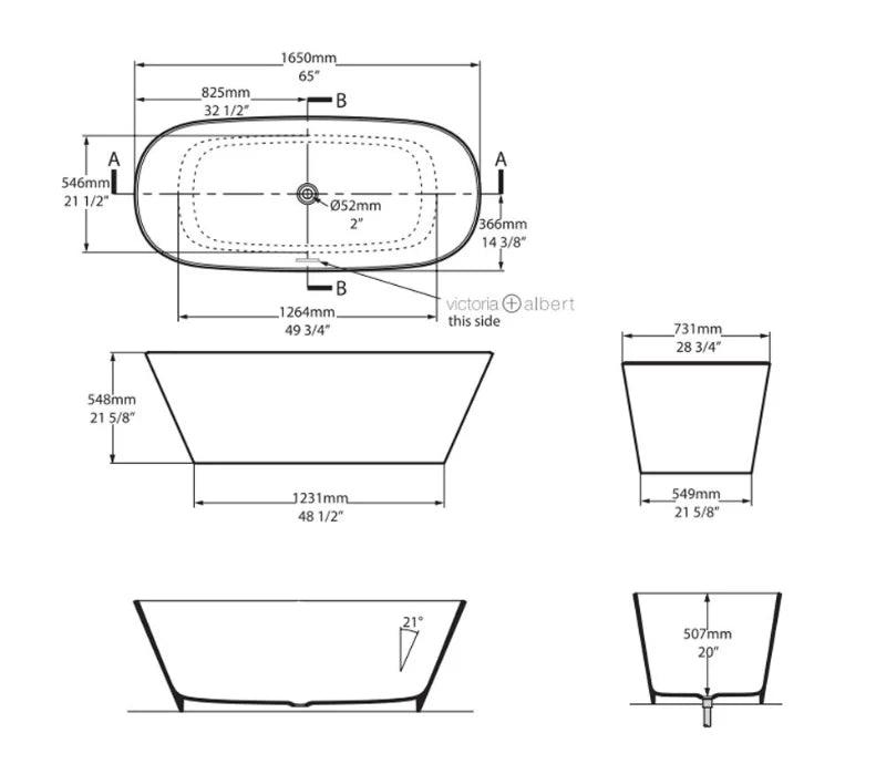 Victoria + Albert VETRALLA II QUARRYCAST FREESTANDING BATH 1650 x 731 X 547 - WHITE