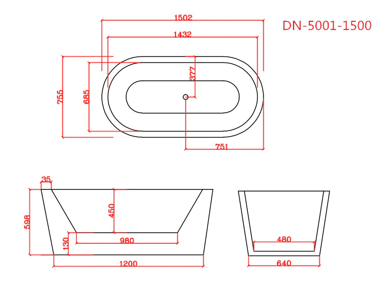 Oval Bathtub WITHOUT OVERFLOW Freestanding Acrylic White