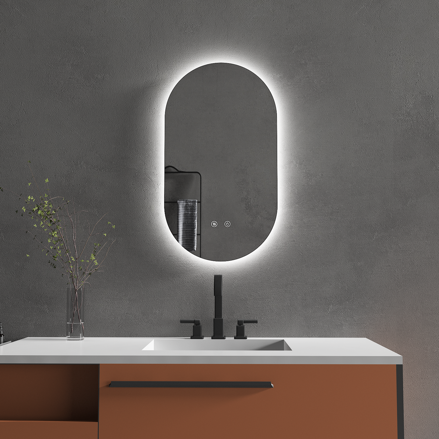 450X900MM OVAL BACKLIT LED MIRROR WITH DEMISTER, THREE LIGHT SELECTION LIGHTING FRAMELESS