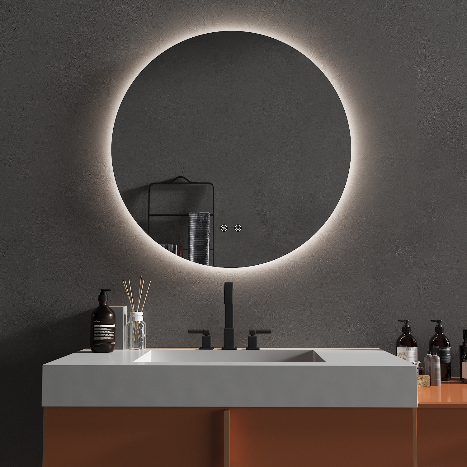 OCEANO 600/750/900mm Round LED Mirror with Demister Backlit Touch Switch 3 Colours Lighting Frameless