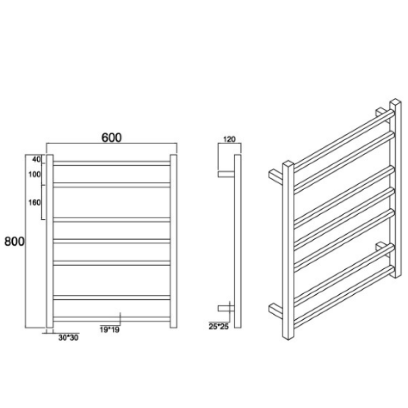 Heated Towel Rail 600*800mm Matt Black Square