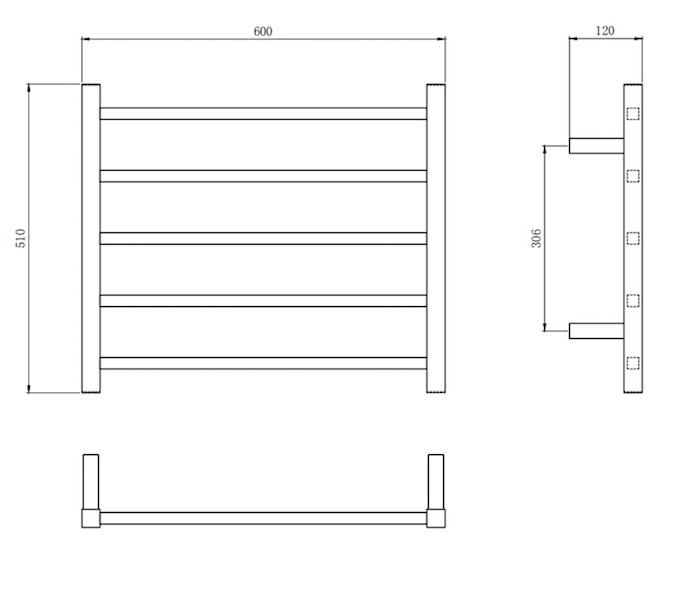 520*600mm Chrome Finish Heated Towel Rail. Square bars and 5 bars