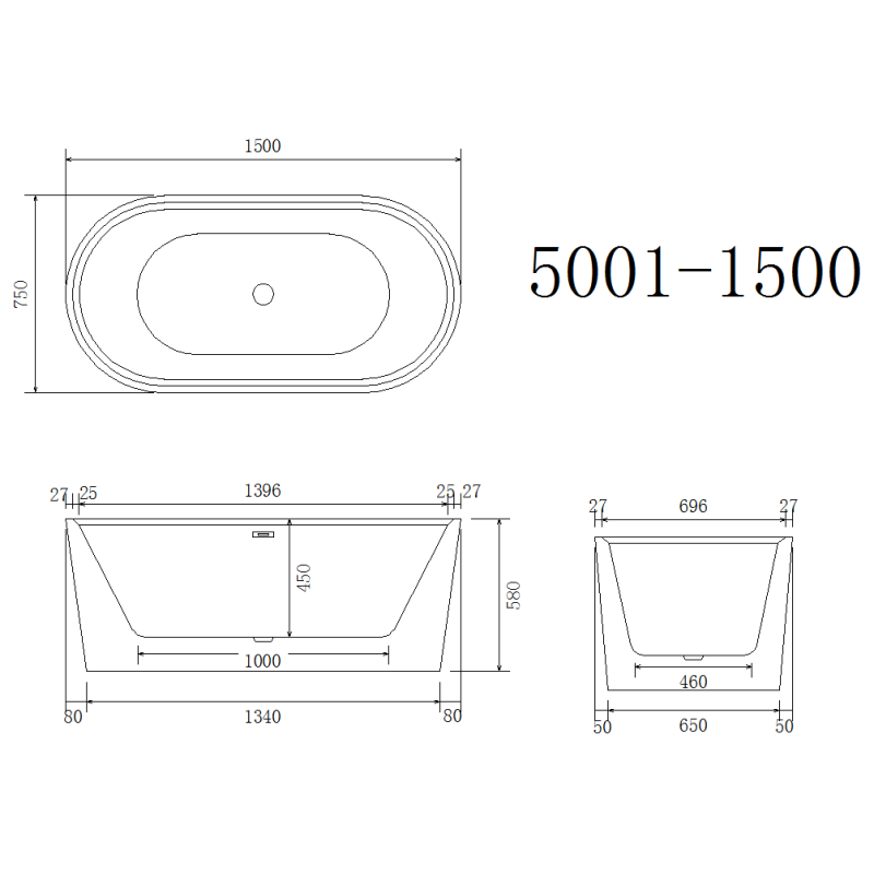 1500X750X580MM Round Shape White Acrylic Free Standing Bath