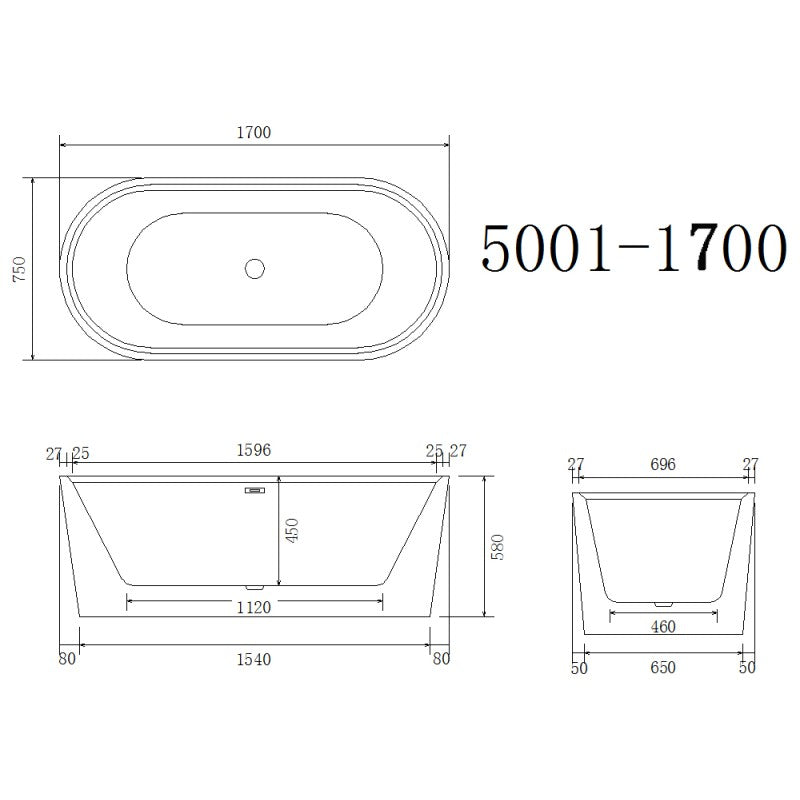 1700X750X580MM Round Shape White Acrylic Free Standing Bath