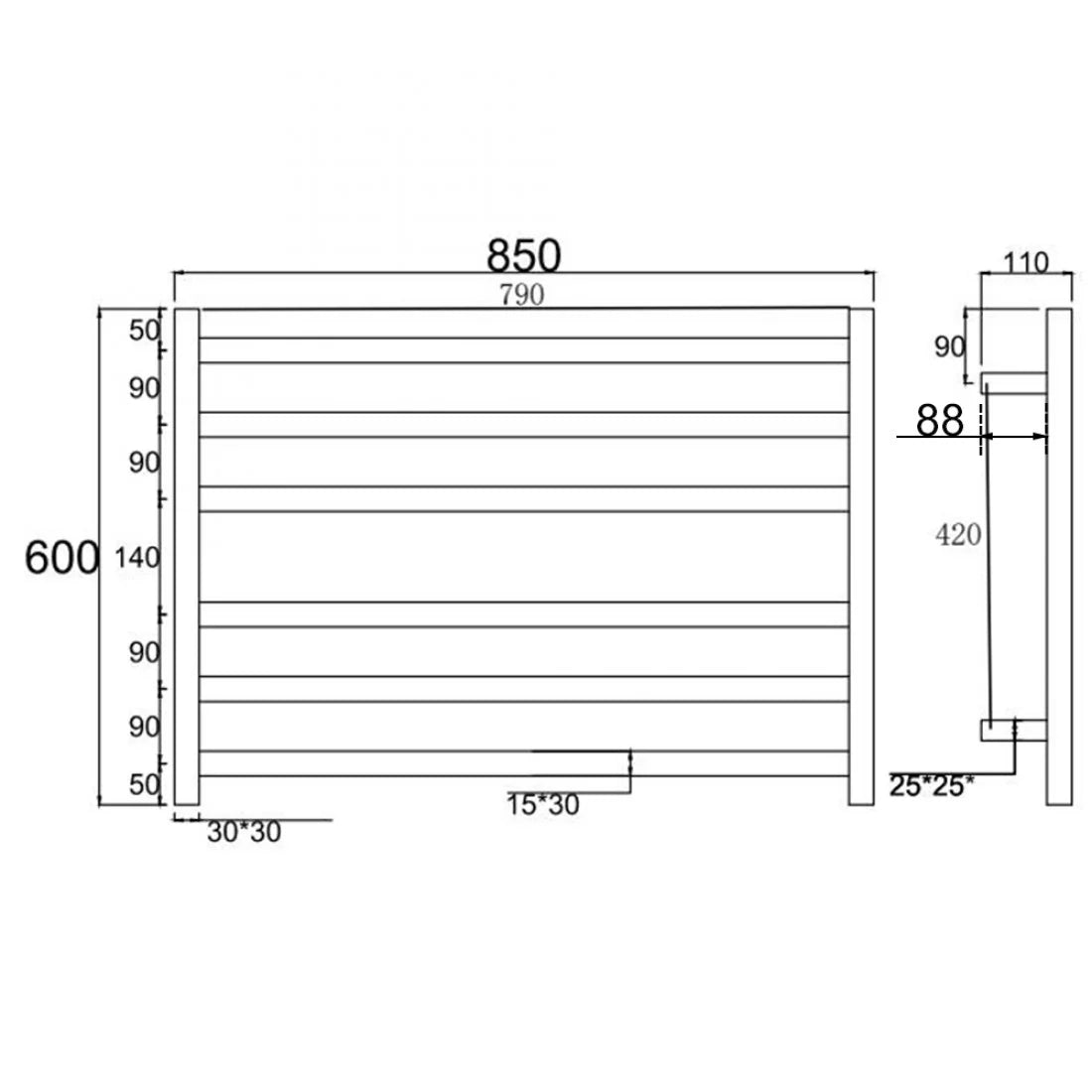 6 BAR 850MM WIDE SQUARE HEATED TOWEL RAIL - CHROME 600H*850W*120D