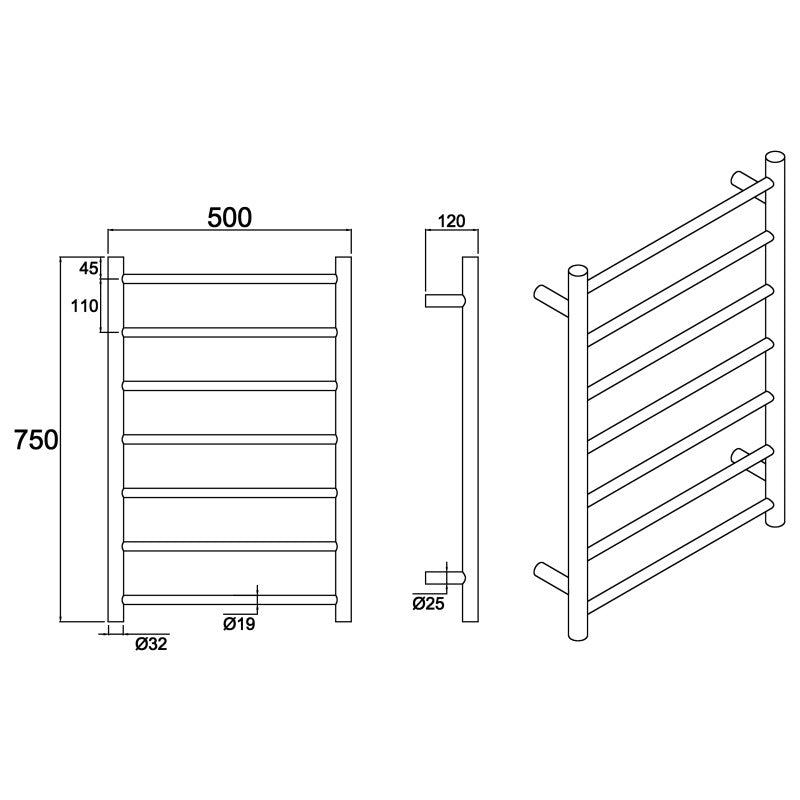 Heated Towel Rail  – *Straight Round Shape* 7 Bars in Polished Finish