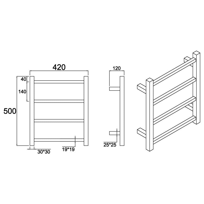 500*420mm Matt Black Heated Towel Rail Square bars