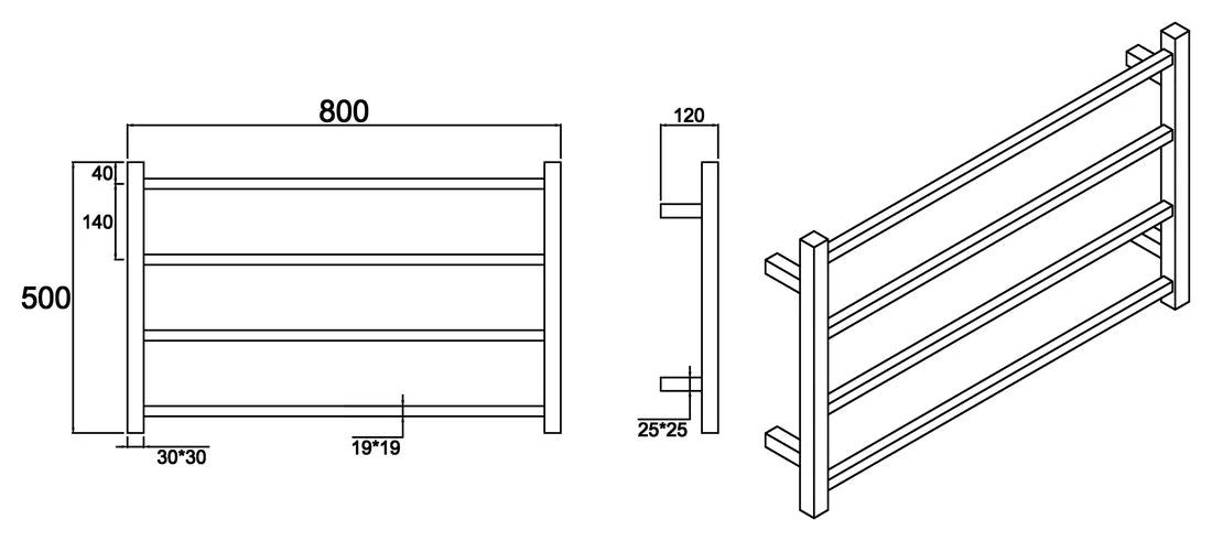 Heated Towel Rails 500H*800W Square 4 Bars-CHROME