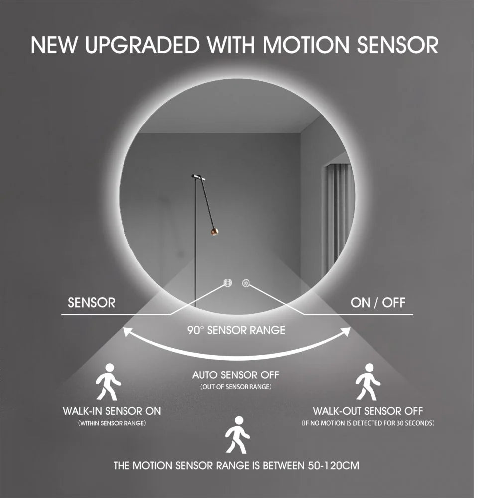 900MM ROUND BACKLIT LED MIRROR WITH GUNMETAL FRAME & MOTION SENSOR | DEFOGGER | 3 COLOURS LIGHTS