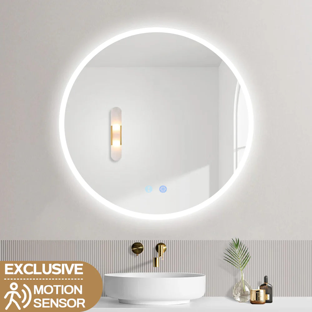 600MM ROUND LED MIRROR WITH MOTION SENSOR | DEMISTER | 3 COLOUR LIGHTS | 20MM RIM