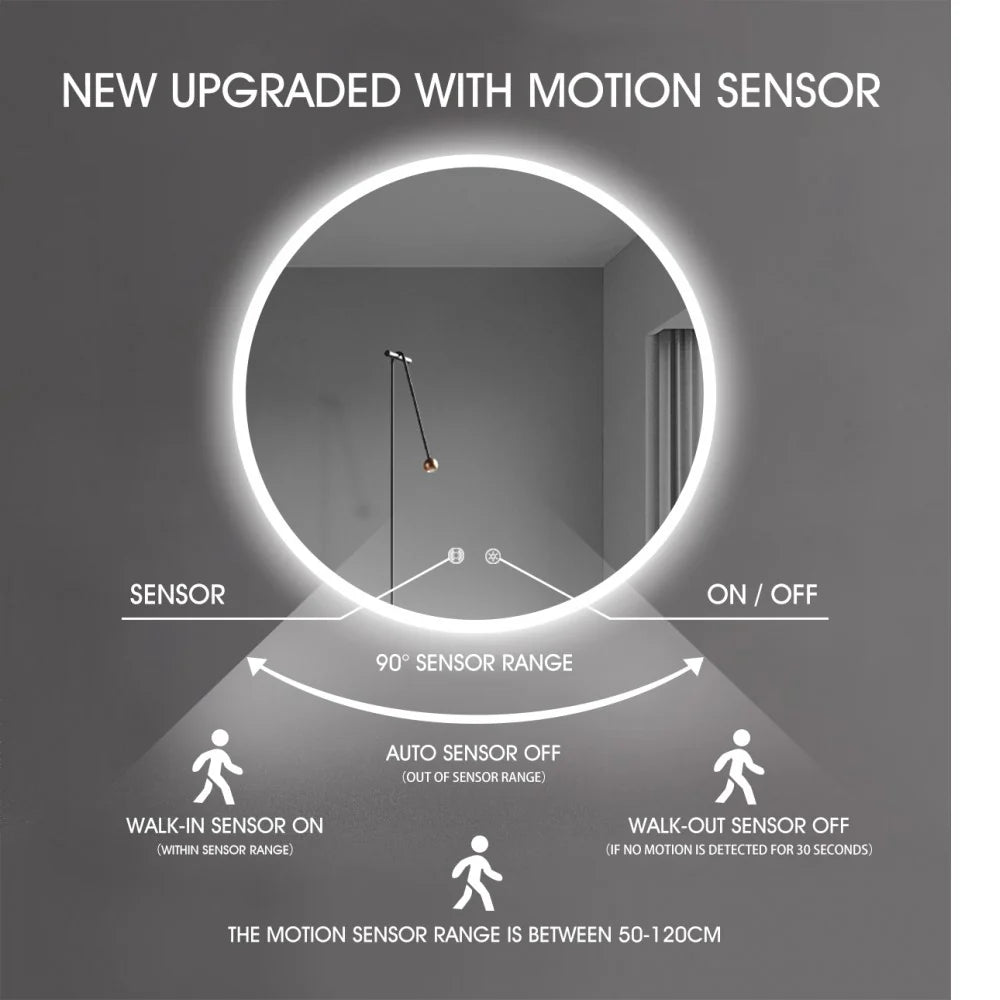 600MM ROUND LED MIRROR WITH MOTION SENSOR | DEMISTER | 3 COLOUR LIGHTS | 20MM RIM