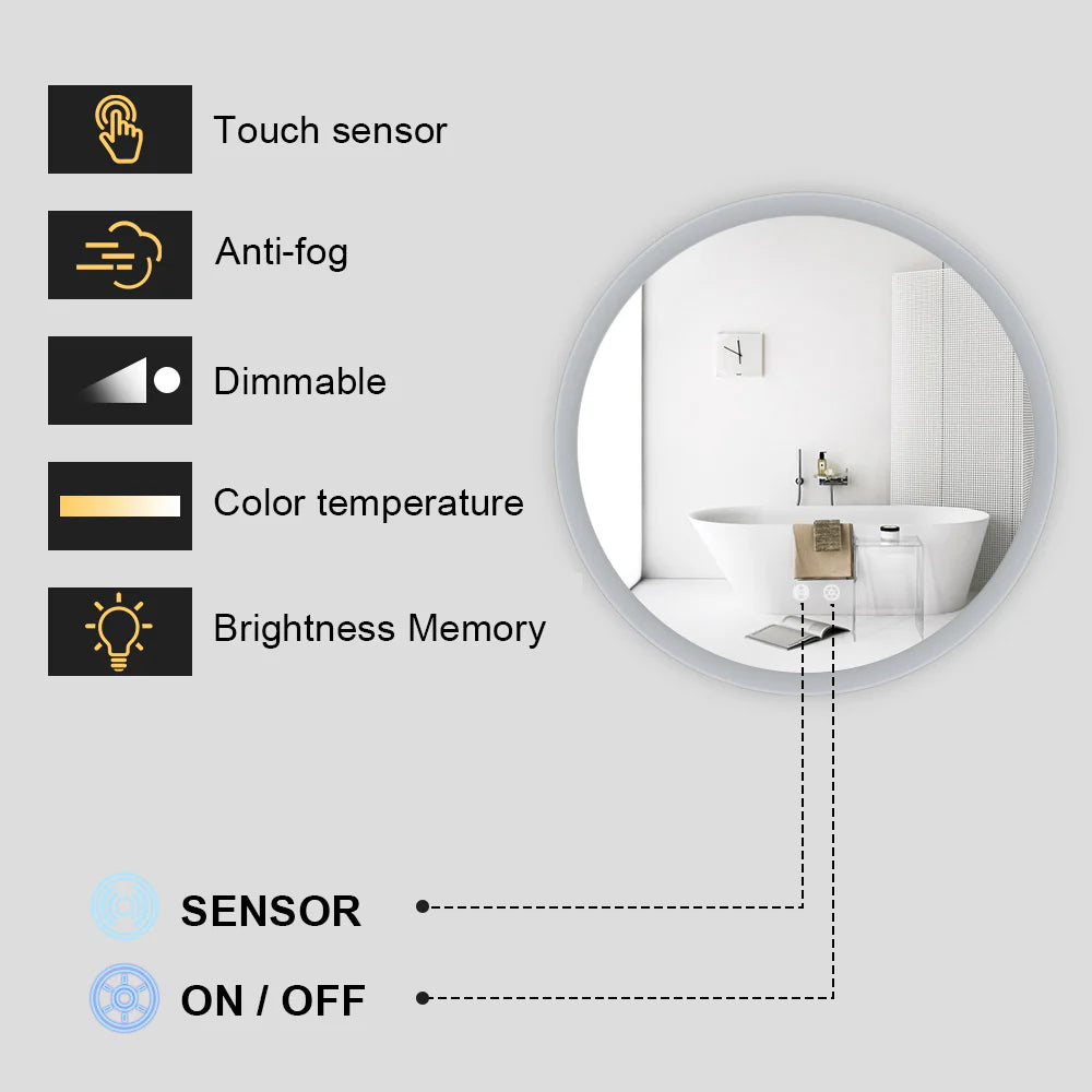 600MM ROUND LED MIRROR WITH MOTION SENSOR | DEMISTER | 3 COLOUR LIGHTS | 20MM RIM