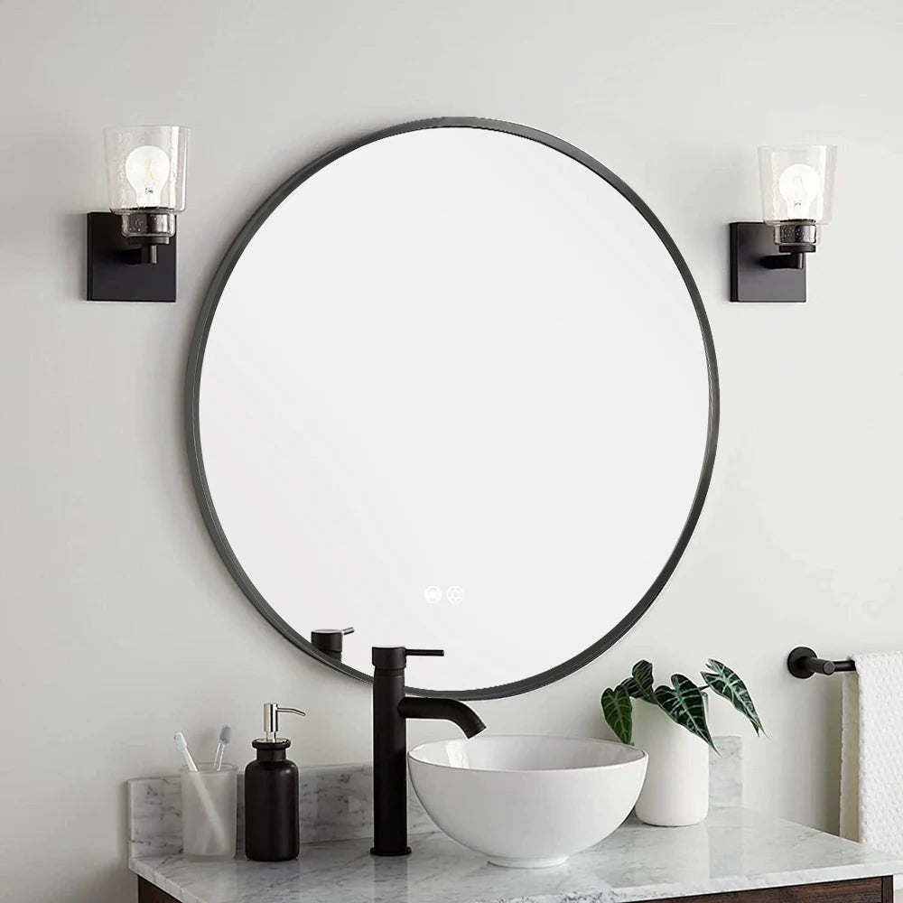 900MM ROUND BACKLIT LED MIRROR WITH GUNMETAL FRAME & MOTION SENSOR | DEFOGGER | 3 COLOURS LIGHTS