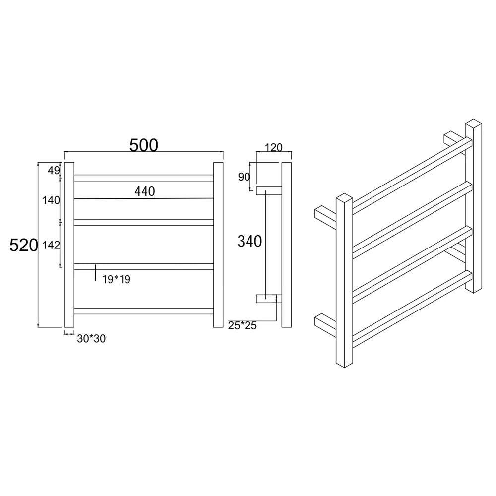 4 BAR SQUARE HEATED TOWEL RAIL ZNY- MATTE BLACK 520H*500W*120D