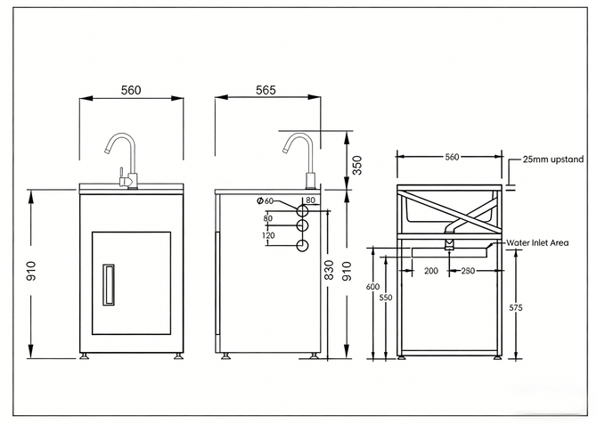 Aquatica Laundry Tub 560mm, Door Model with Centre Mixer