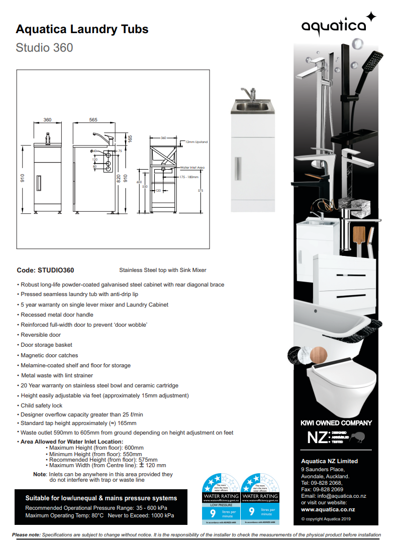 AQUATICA Studio Laundry Tub Slim 360mm Door Model