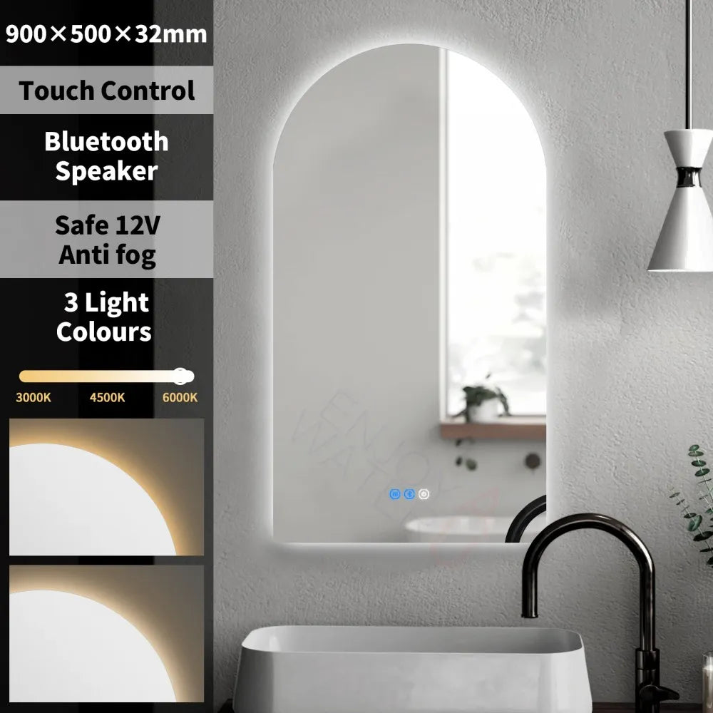 900x500MM ARCH BACKLIT LED MIRROR WITH BLUETOOTH SPEAKER | DEFOGGER | 3 COLOURS LIGHTS