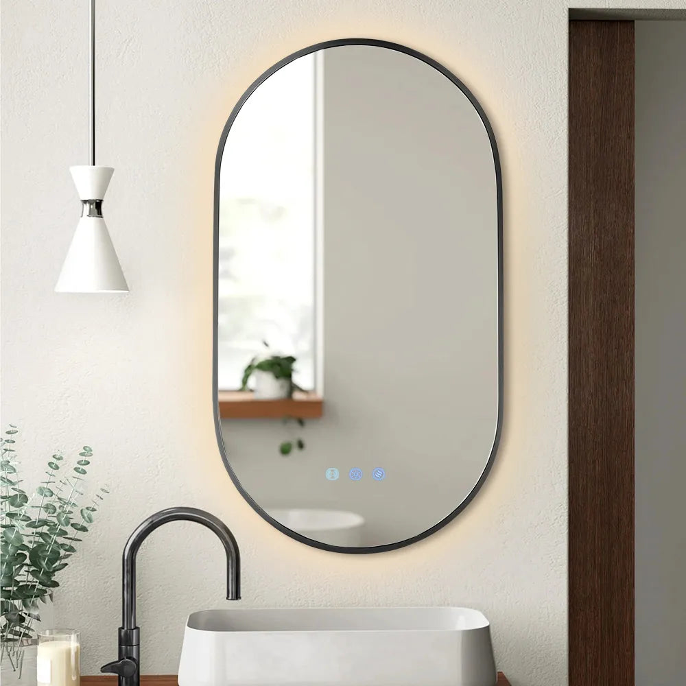 900x500MM GUNMETAL GREY FRAME OVAL BACKLIT LED MIRROR WITH MOTION SENSOR | DEFOGGER | 3 COLOURS LIGHTS