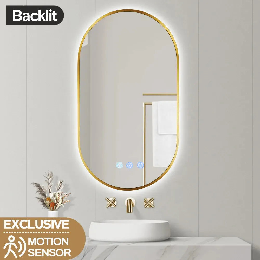 900x500MM BRUSHED BRASS FRAME OVAL BACKLIT LED MIRROR WITH MOTION SENSOR | DEFOGGER | 3 COLOURS LIGHTS