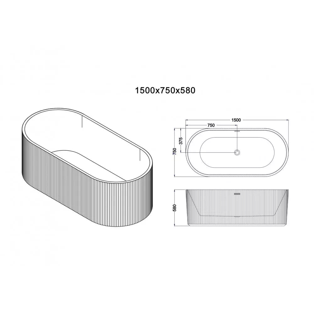 1500X750X580MM ROSE FLUTED V-GROOVE FREESTANDING BATH