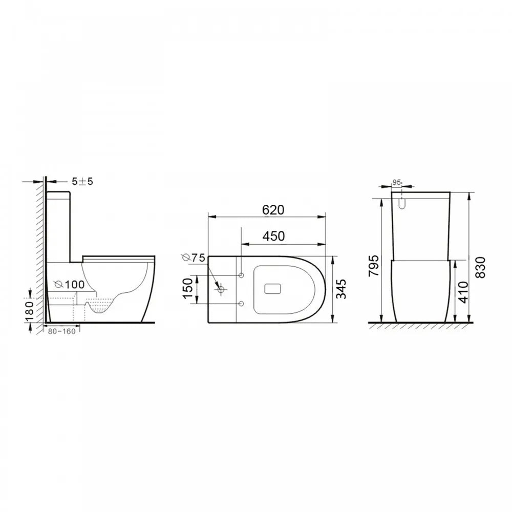 SOHO BLACK CERAMIC RIMLESS BACK TO WALL TOILET SUITE 630x360x830MM